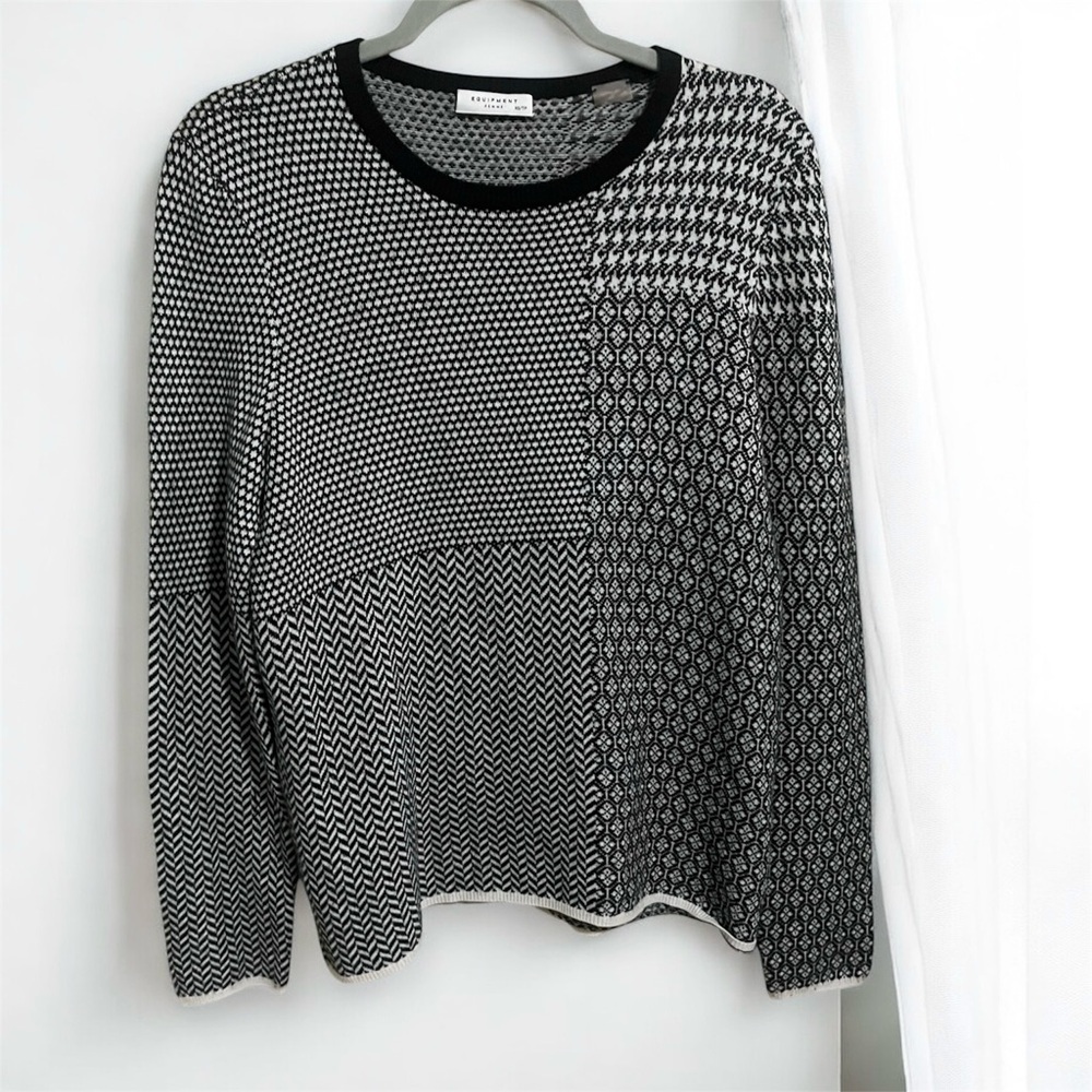 Equipment Femme Cashmere Wool Black White Houndstooth Geometric Block Sweater XS